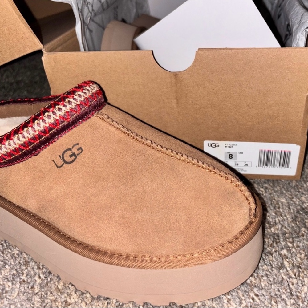 UGG Chestnut Suede Slip-On with Red Trim